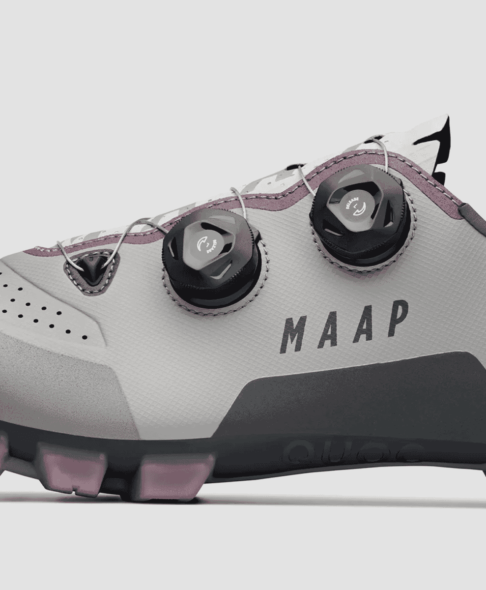 Close-up of MAAP x QUOC Gran Tourer XC cycling shoe with dual BOA dials.