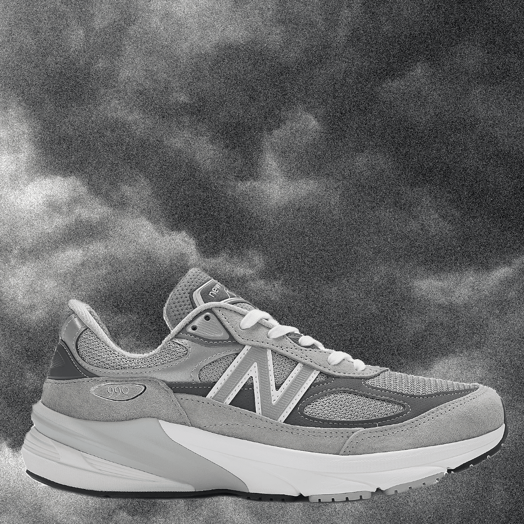 Grayscale New Balance 990 showing the intricate layers of suede and mesh.