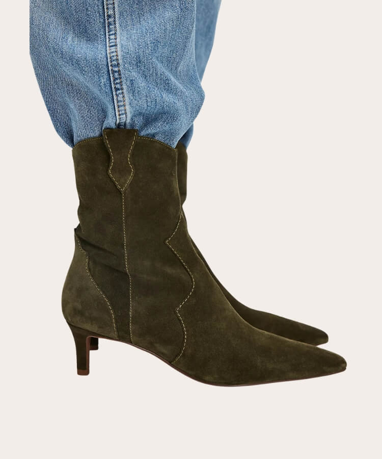 Seychelles kitten heel suede ankle boots with a western-inspired toe.