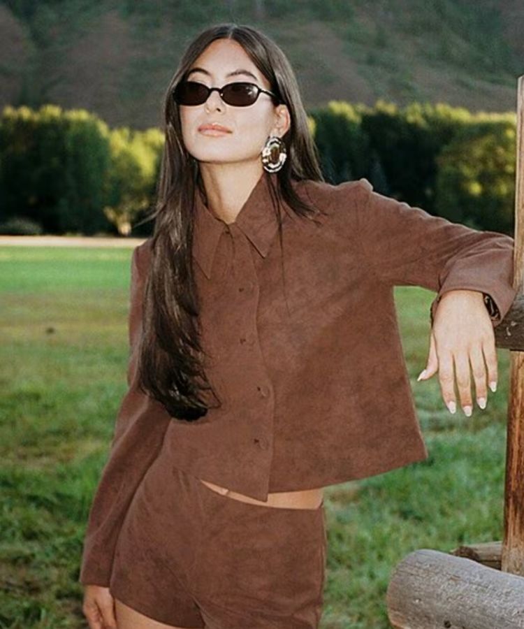 The Emily Faux Suede Jacket in a rich brown tone.