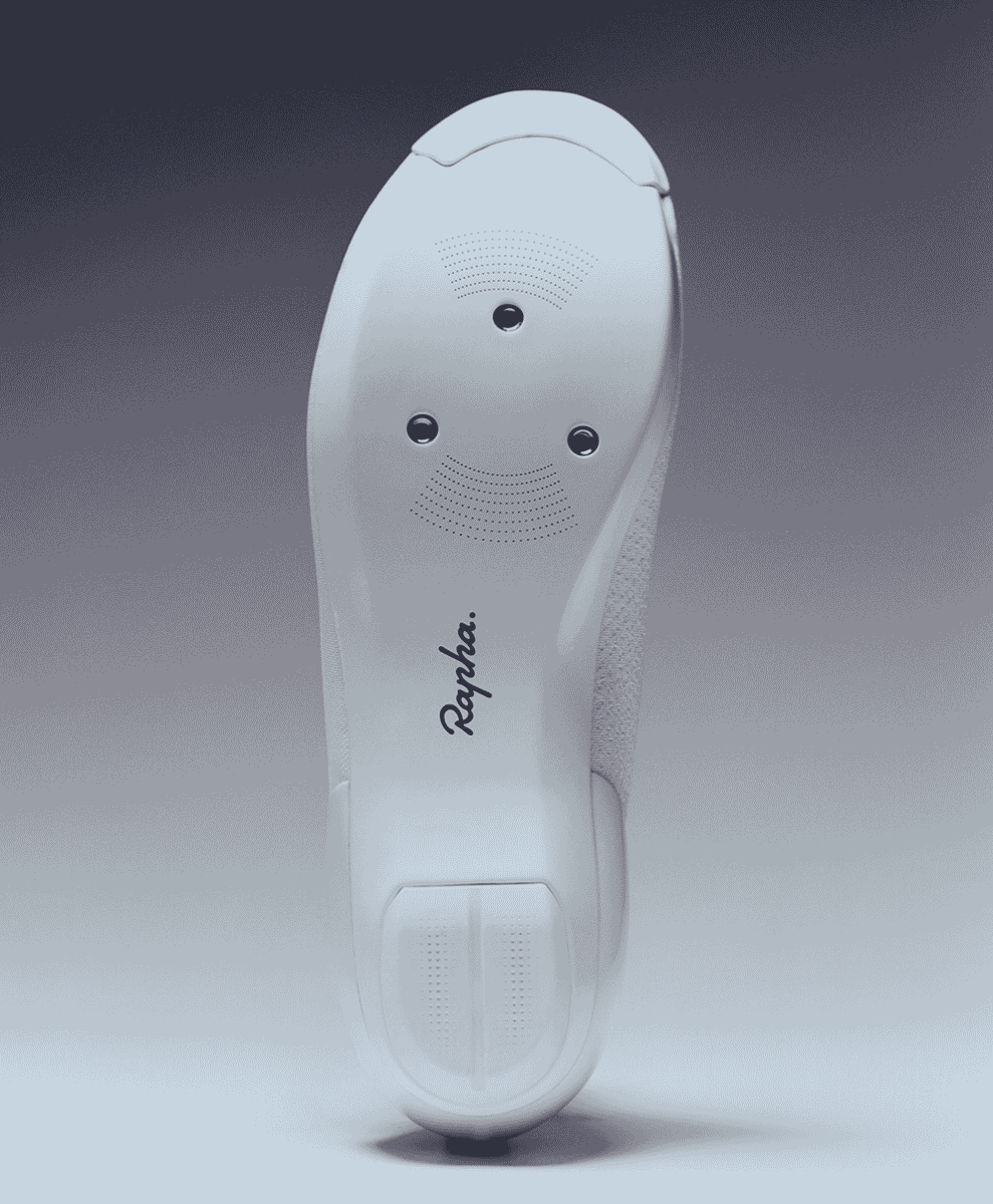 Close-up rear view of a white Rapha cycling shoe highlighting the heel counter and ventilation ports.