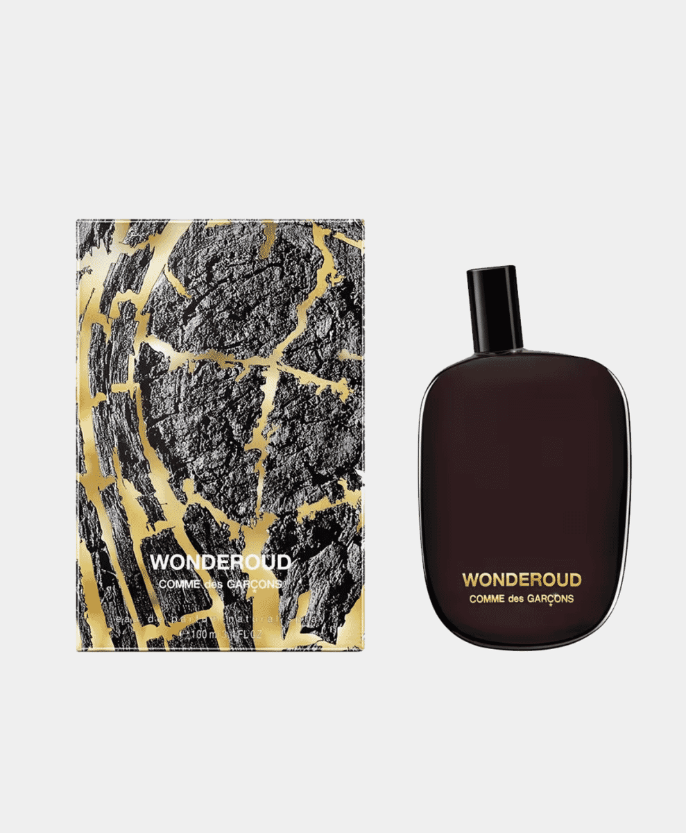 Comme des Garçons Wonderoud perfume bottle and marble-patterned box.