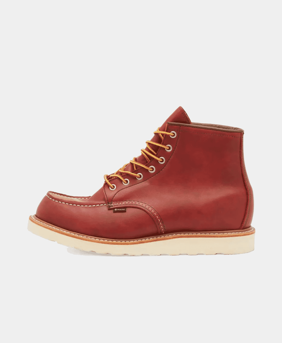 Side profile of a red leather Red Wing 875 moc-toe boot with yellow laces.