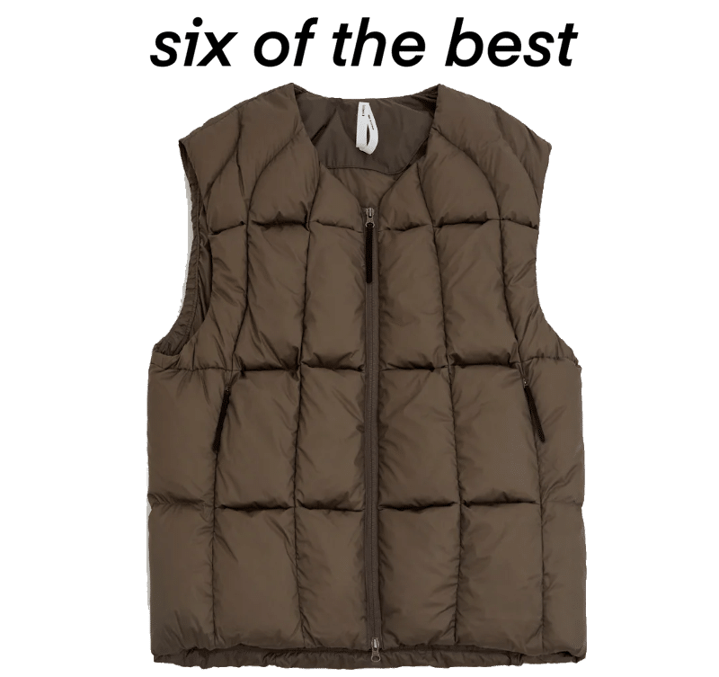 Brown quilted puffer vest with side pockets.