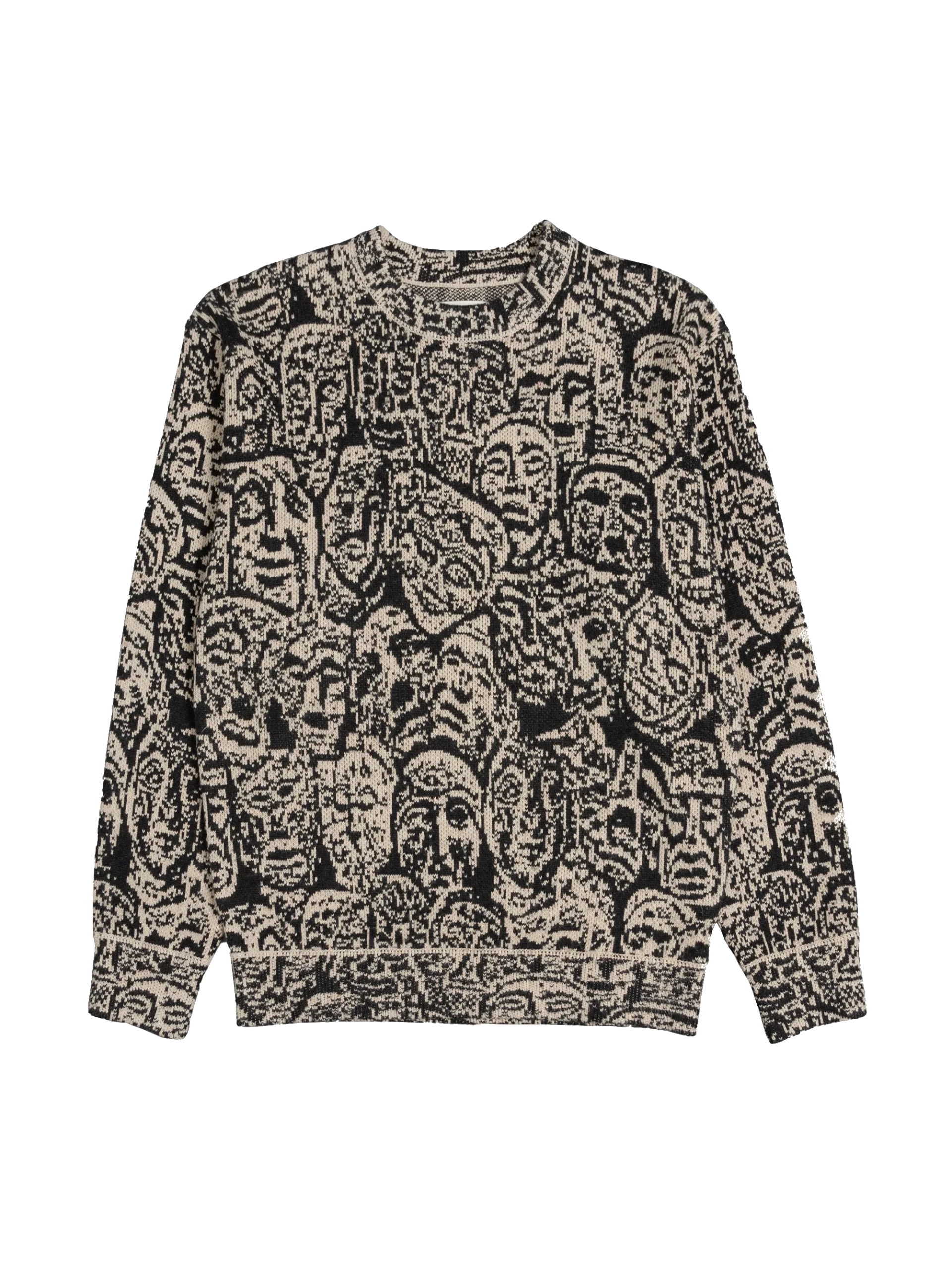 A black-and-white knitted sweater featuring a stylized repeating face pattern.