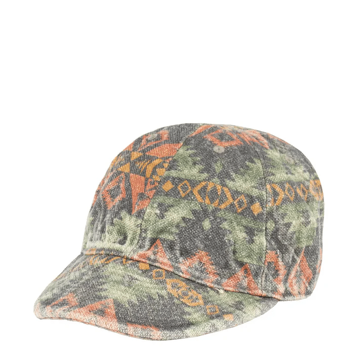 A patterned linen baseball cap with geometric tribal designs in orange, green, and gray.