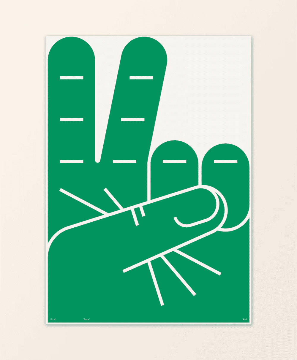 A graphic art print of a green hand making a peace sign with white outlines.