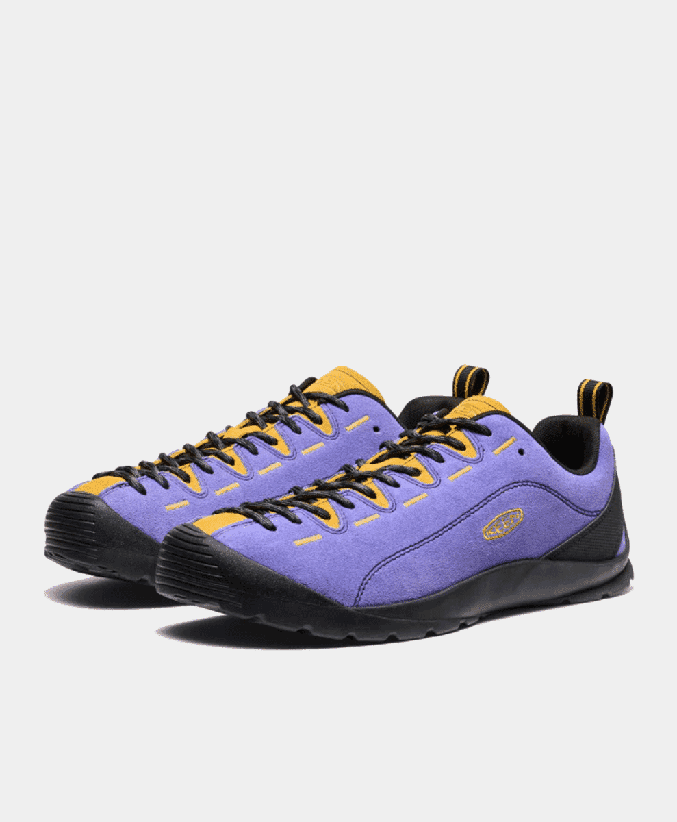 Purple suede KEEN Jasper sneakers with yellow accents.