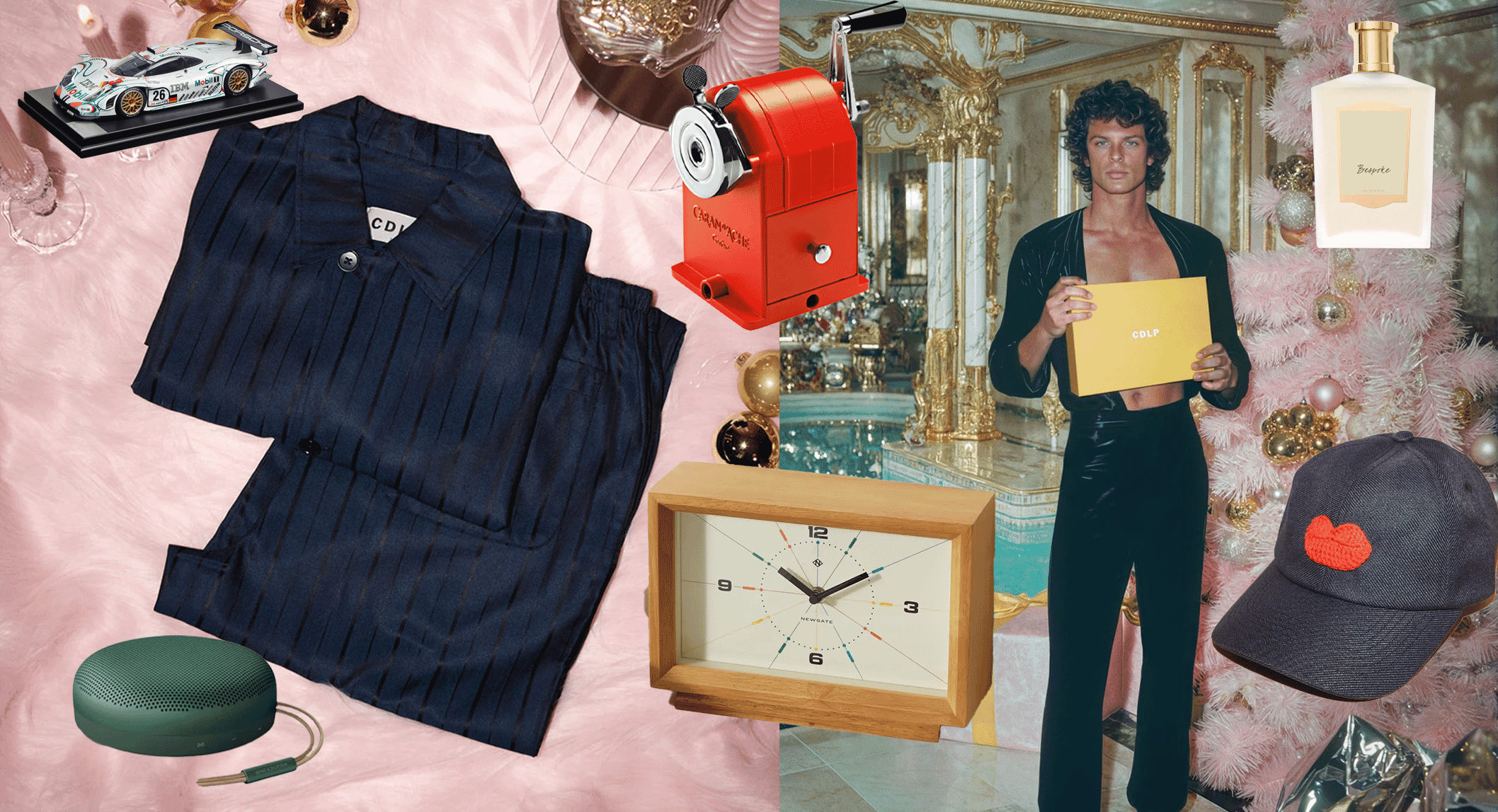 Collage of fashion, beauty products, and luxury holiday accessories.