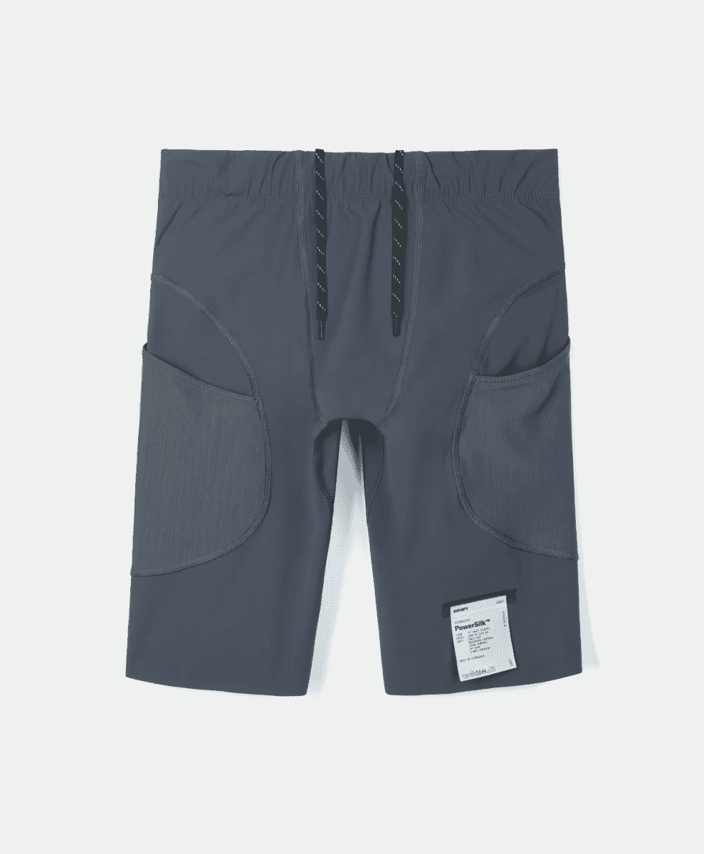 Dark gray athletic shorts featuring large side utility pockets and PowerSilk technology.