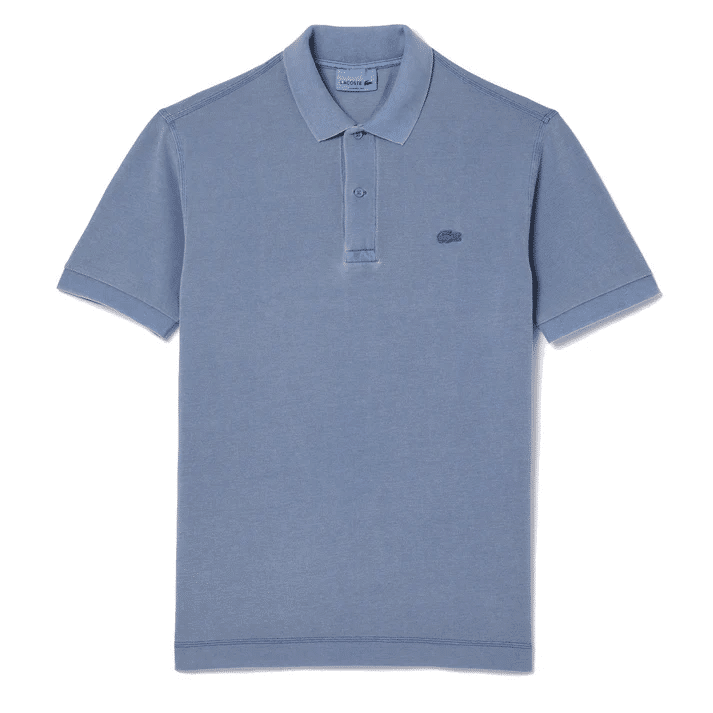 Flat lay of a light blue Lacoste polo shirt with a classic two-button placket and crocodile logo.