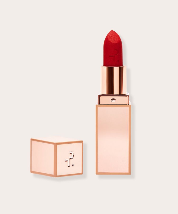 Patrick Ta matte red suede lipstick tube.