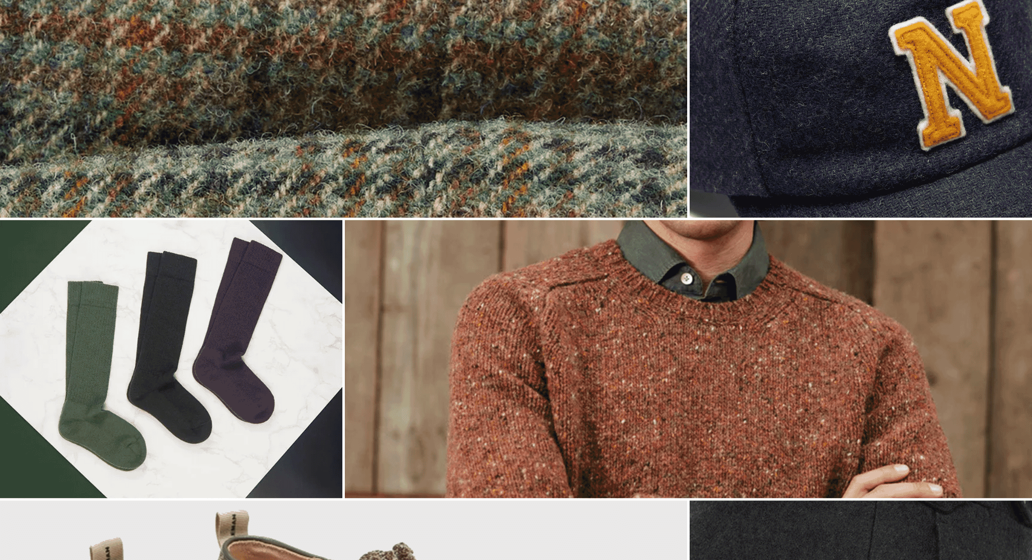A collage showcasing autumnal textures like tweed and wool knitwear.