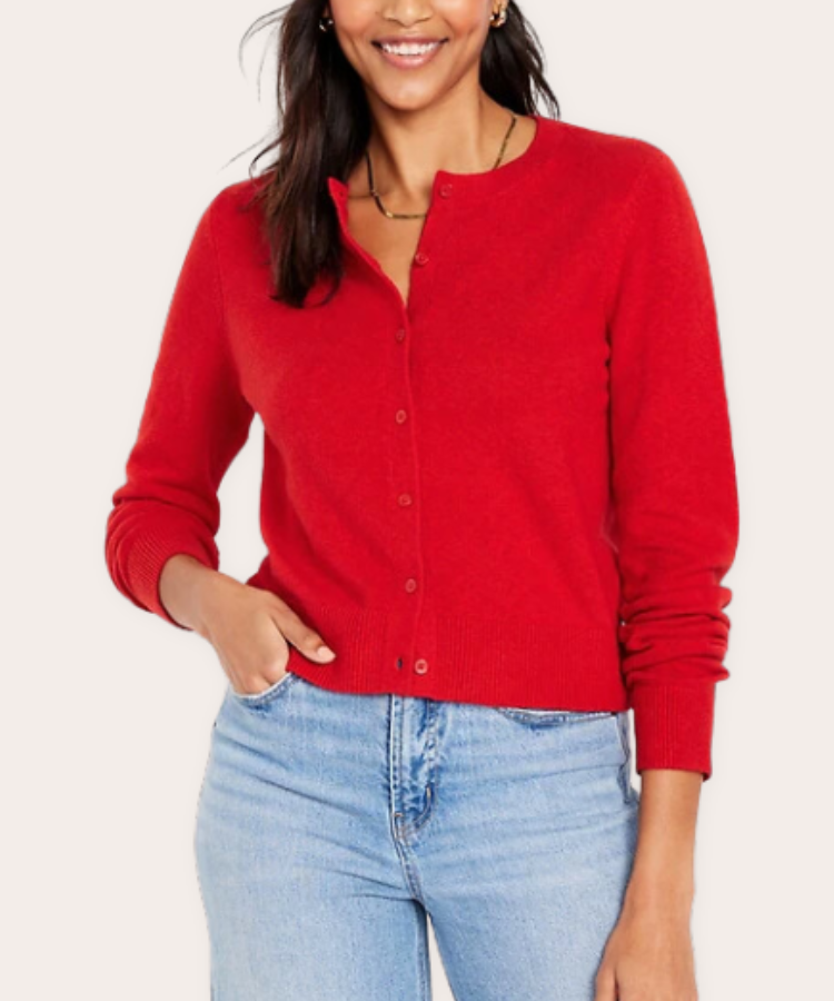A red button-up cardigan sweater.