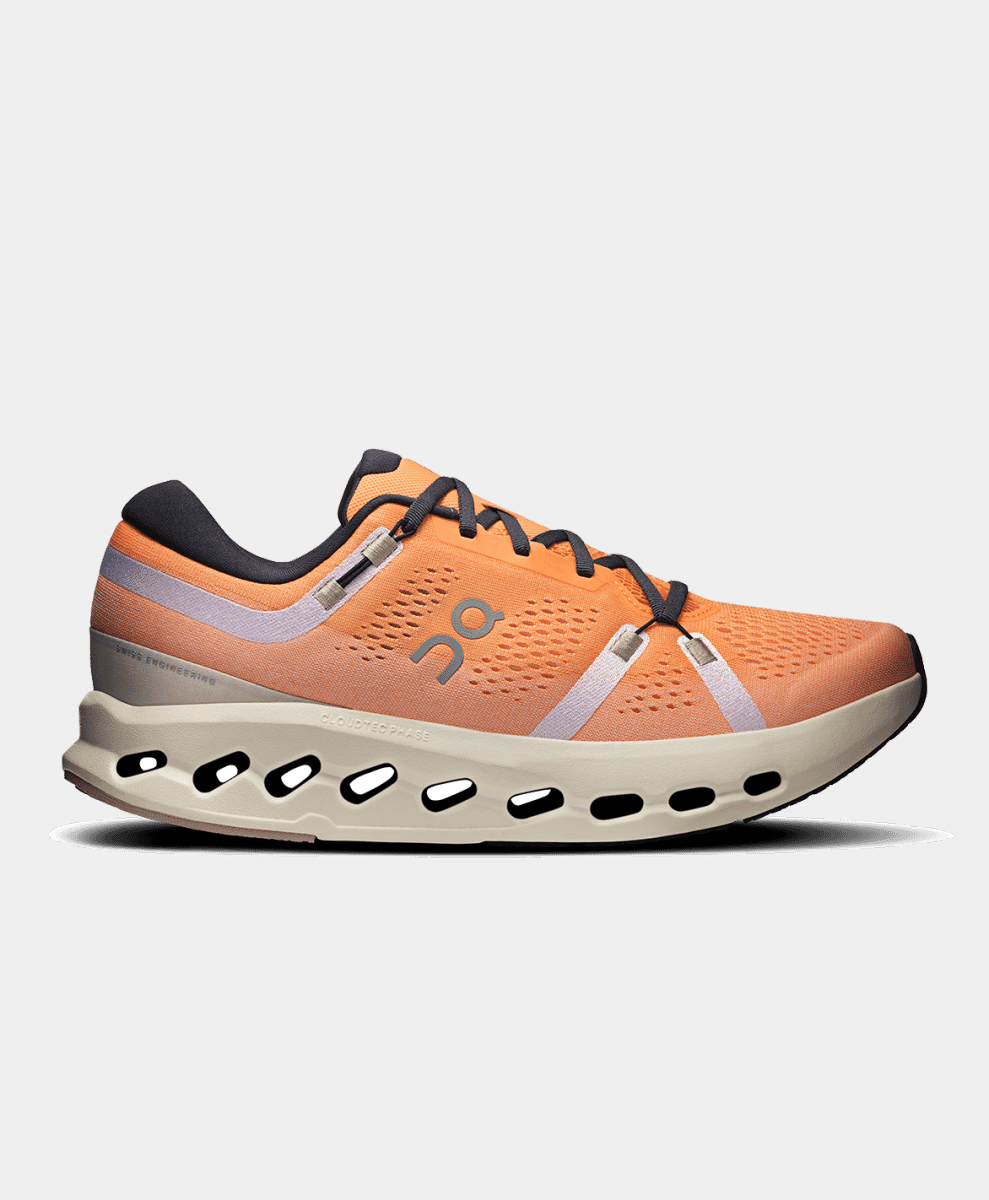 A salmon orange On Cloudsurfer 2 running shoe on a white background.