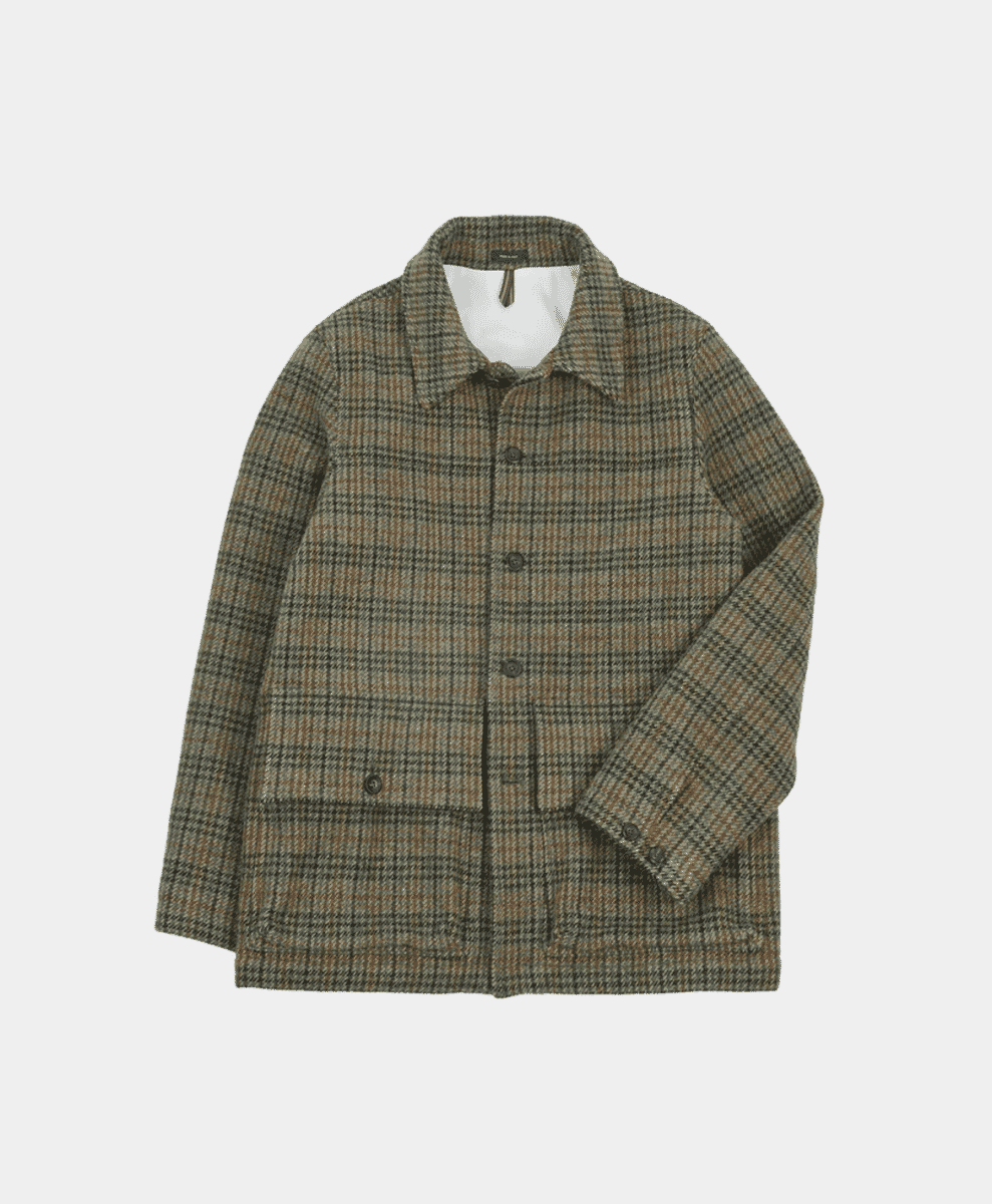 A green and brown checkered tweed donkey jacket on a white background.