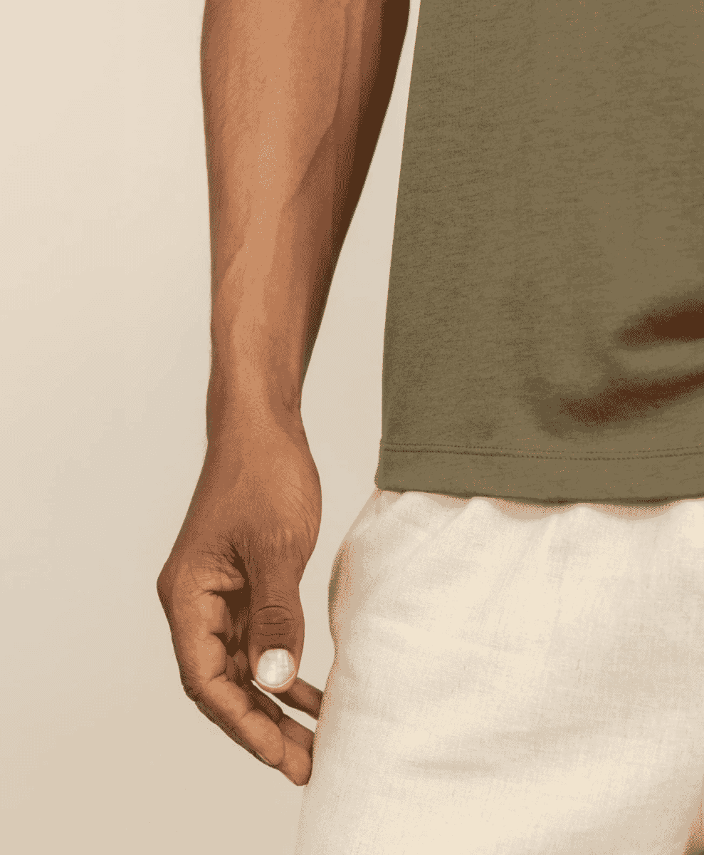 Close-up of an olive green crewneck t-shirt highlighting the fabric texture