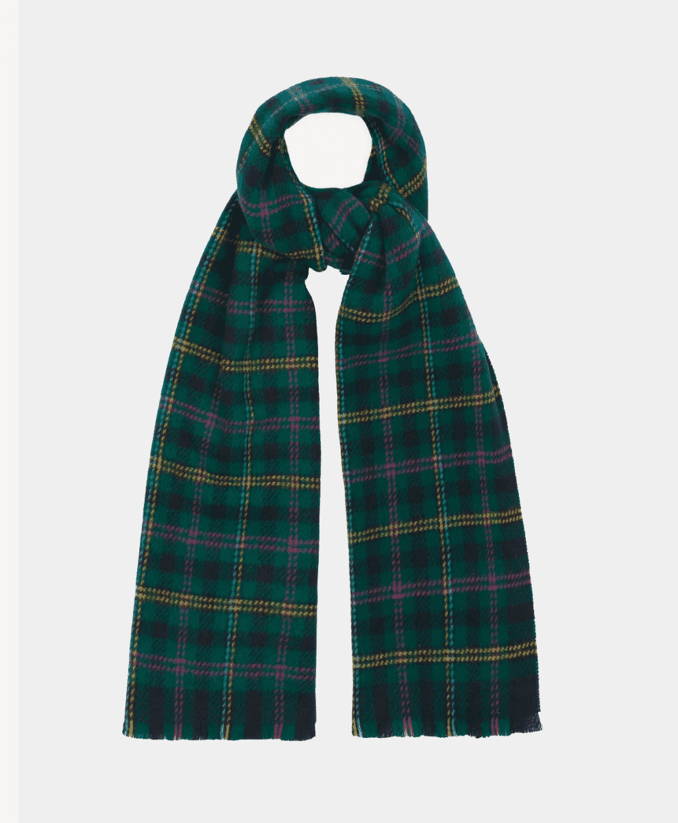 Green tartan plaid scarf with fringed edges.