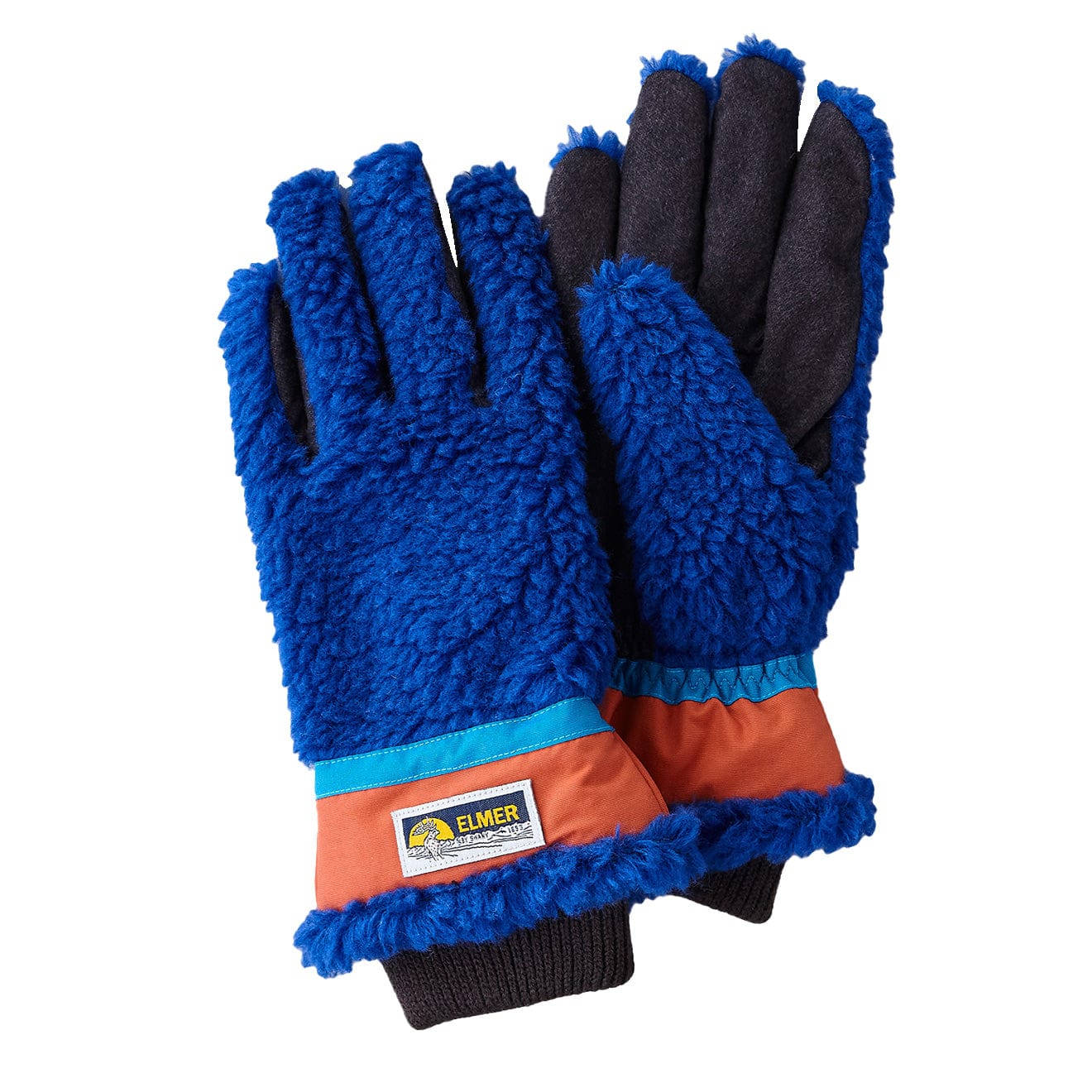 Vibrant blue fleece gloves with orange and teal accents by Elmer.