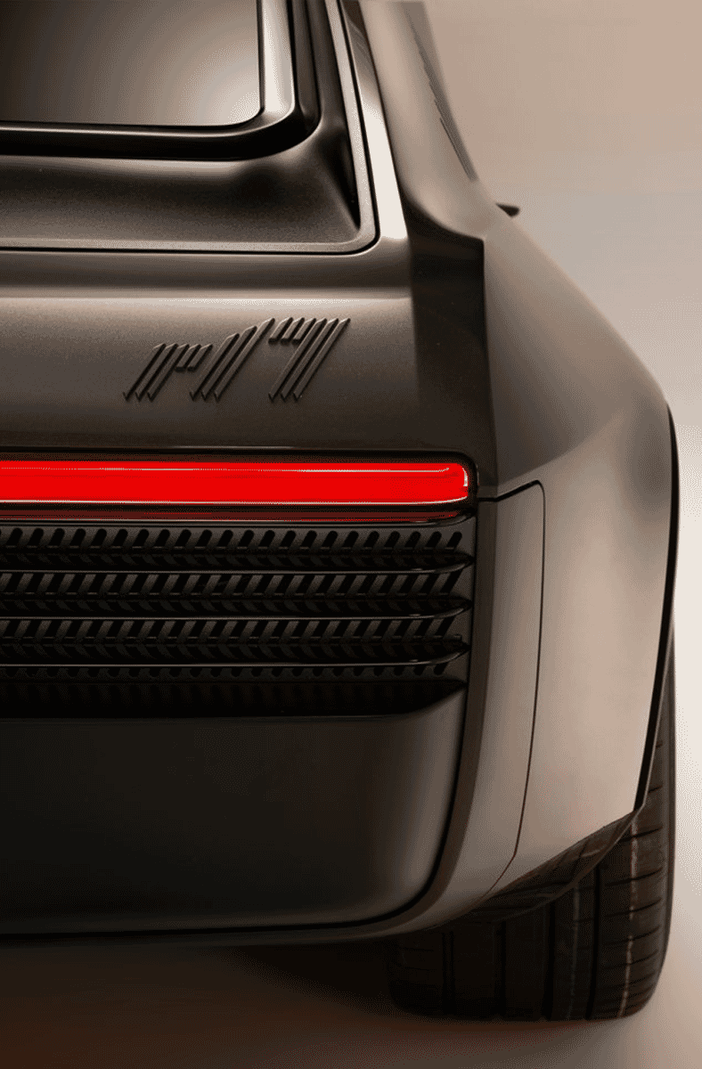 Close-up of the R17 emblem on the rear of the electric concept car.