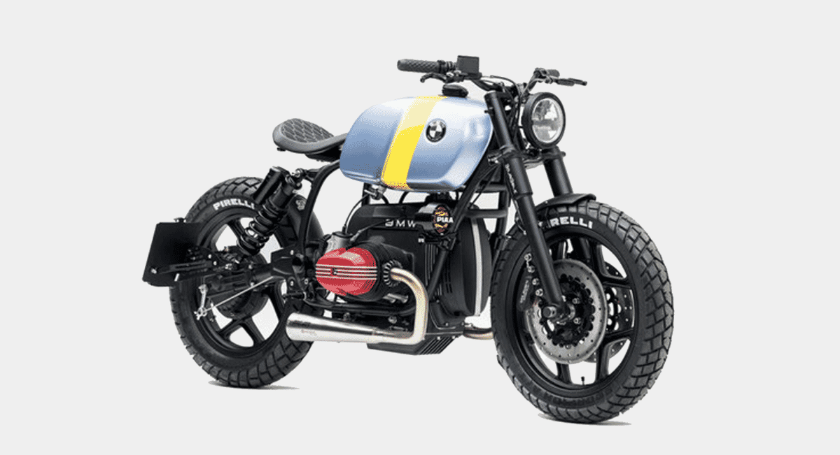 Complete custom BMW motorcycle showing the full build from the left side against a clean white background.