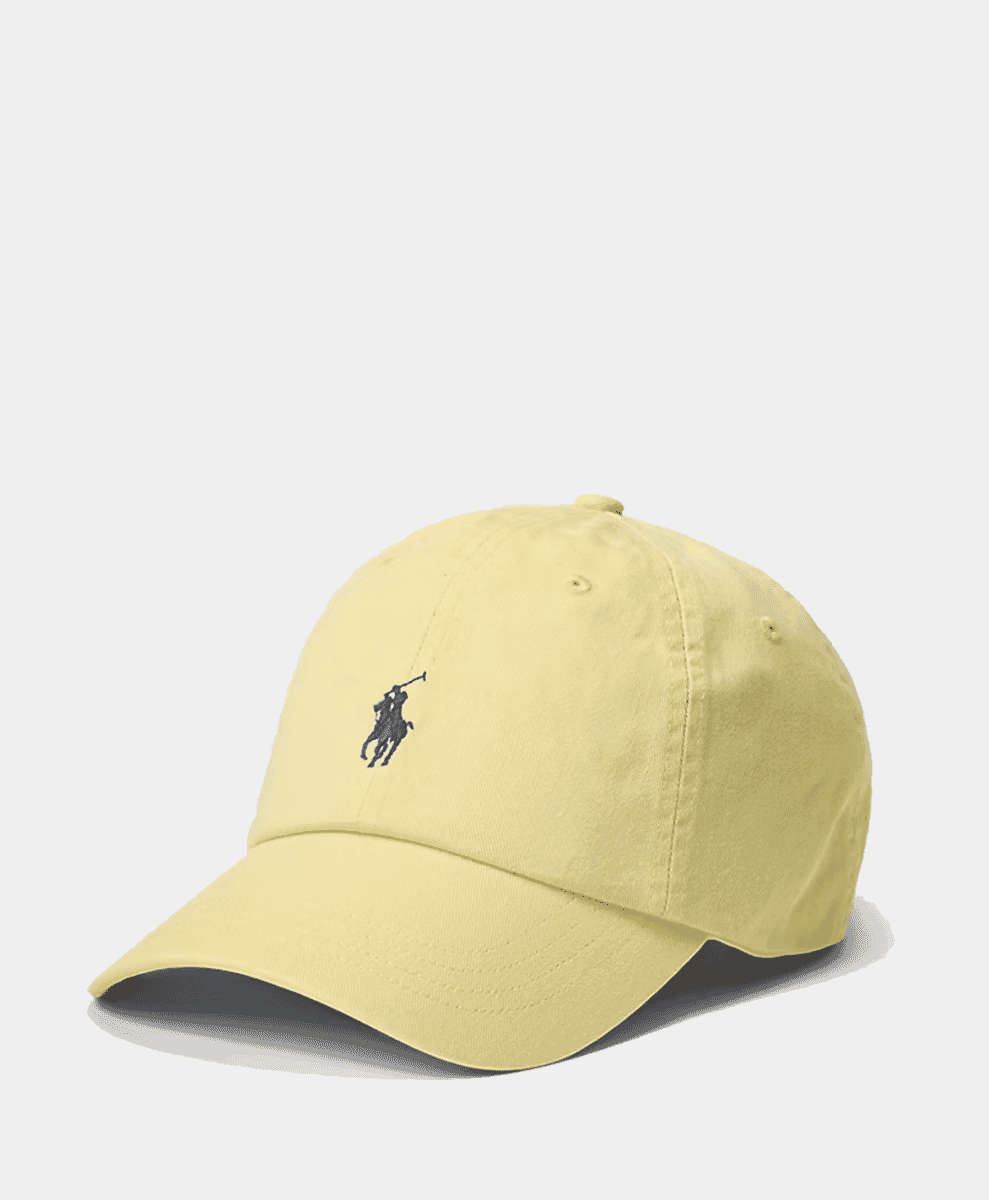Front view of a pale yellow Polo Ralph Lauren cap.