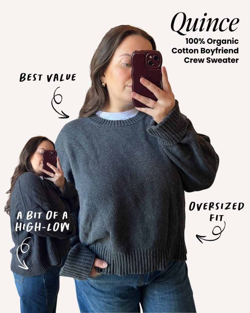 A woman wearing a cream-colored organic cotton boyfriend sweater from Quince.