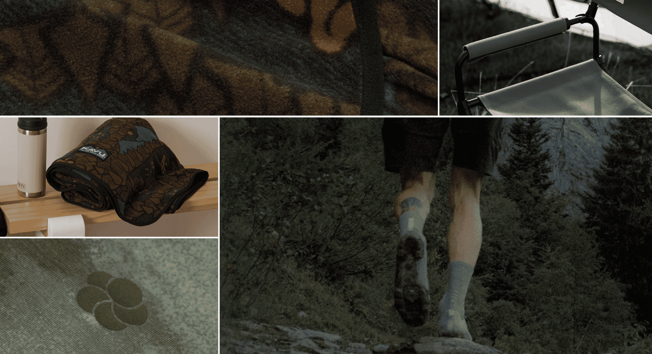 Collage of outdoor lifestyle elements including blankets, hiking shoes, and forest scenery.