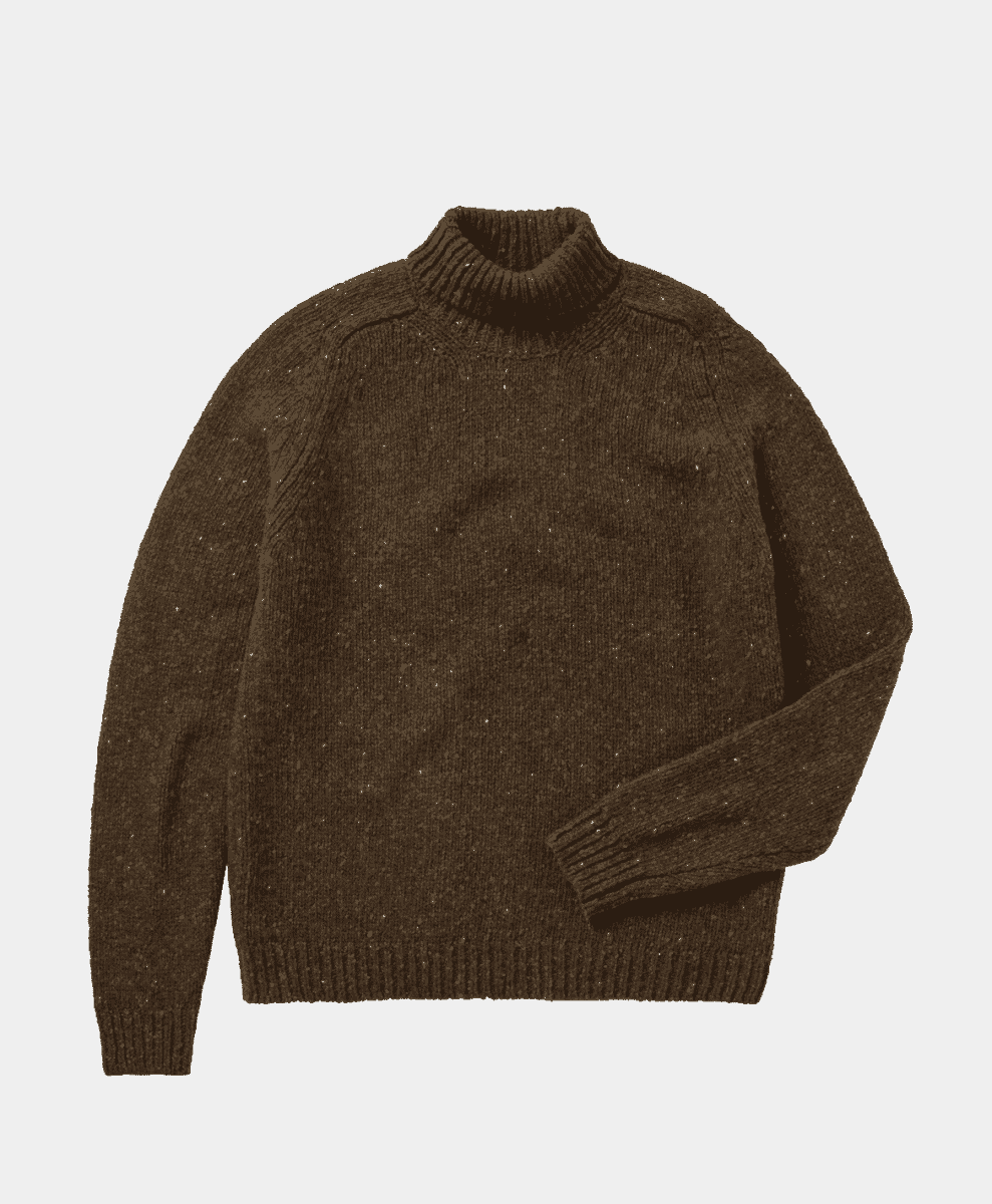 A brown knitted turtleneck sweater with speckled texture displayed flat.