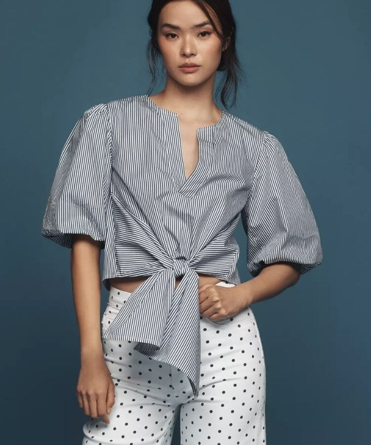 Short-sleeve tie-front blouse by Maeve