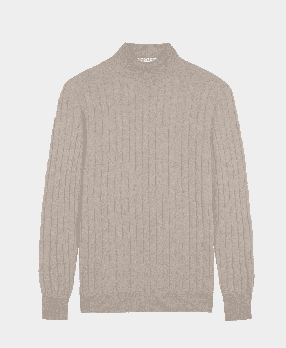 Flat-lay of a beige ribbed mock-neck sweater on a neutral background.