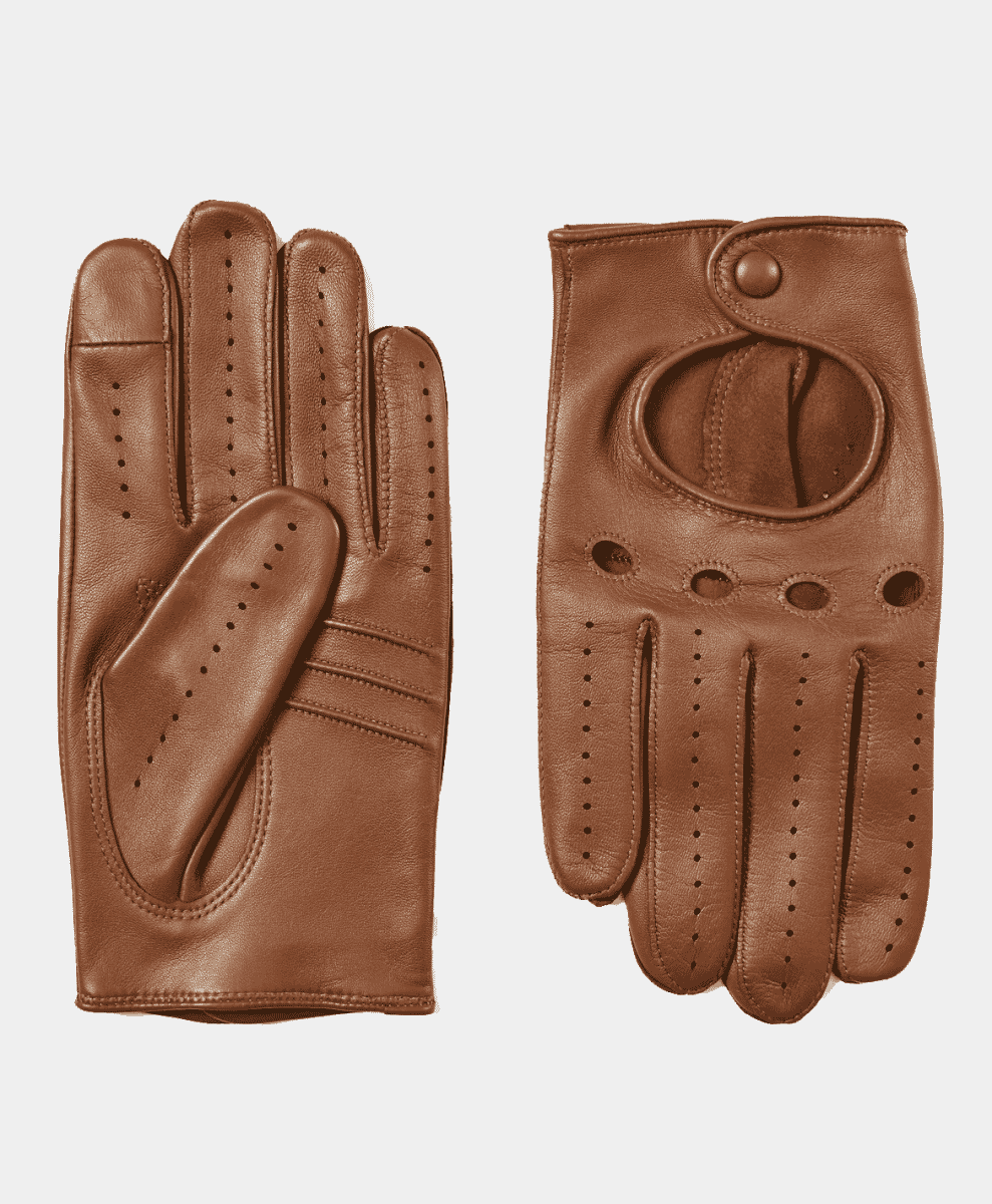 Brown perforated leather driving gloves.