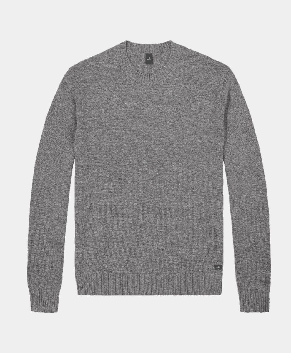 A heather gray crewneck knit sweater displayed on a neutral background.