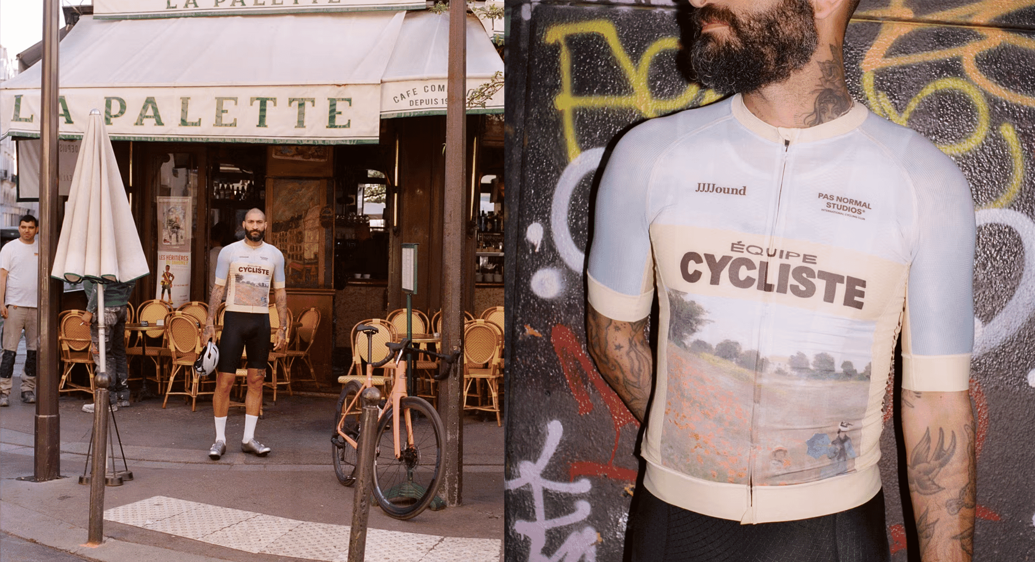 A man in a light cycling jersey with branded text standing outside a Parisian café with graffiti in the background.
