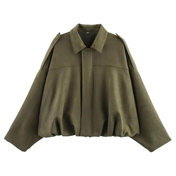 A brown faux suede bomber jacket with ribbed cuffs