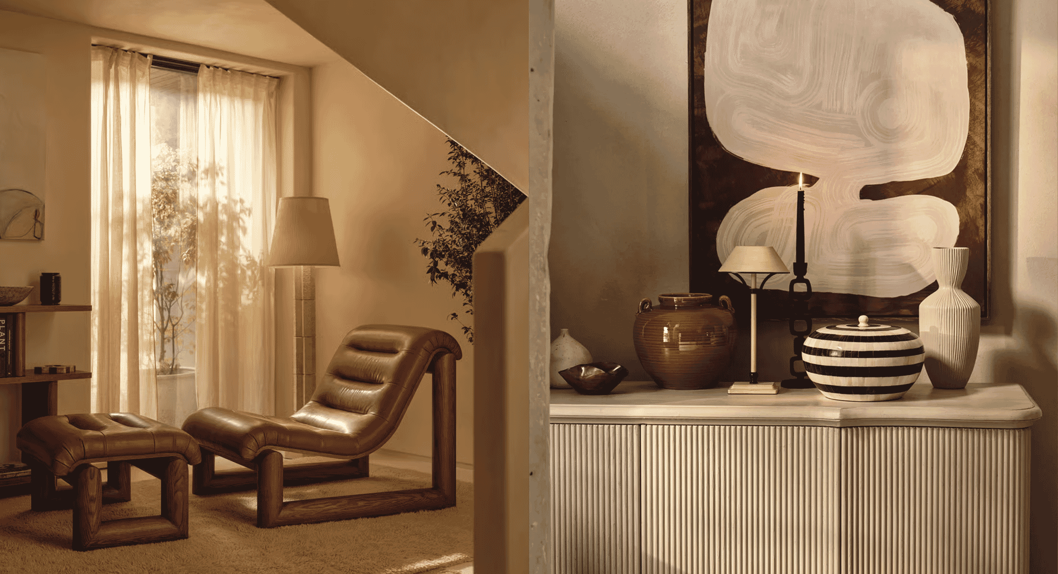 Warm-toned mid-century modern interior featuring a leather chaise lounge and a sunlit window.