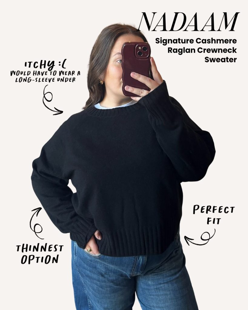 Lifestyle photo of the NAADAM signature cashmere raglan sweater.