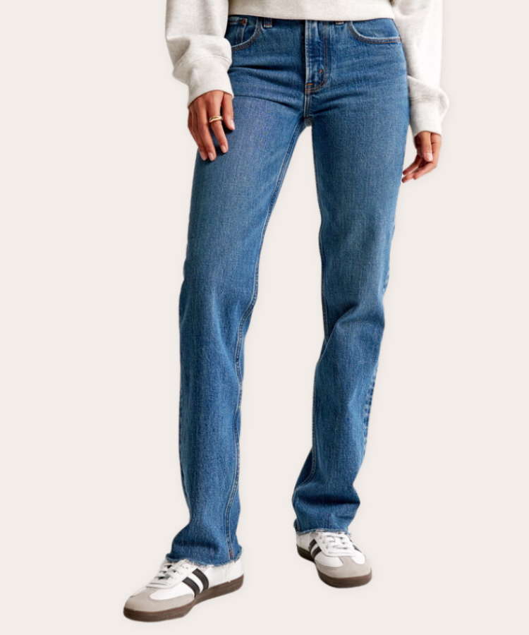 Mid-rise straight-leg jeans in a medium denim wash.