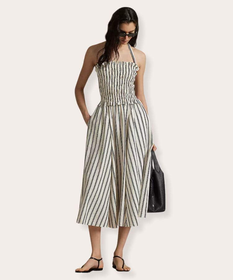 Polo Ralph Lauren Striped Silk Blend Dress in ivory and blue