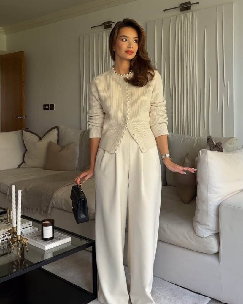 Woman wearing a full cream-colored monochromatic trousers and sweater set.