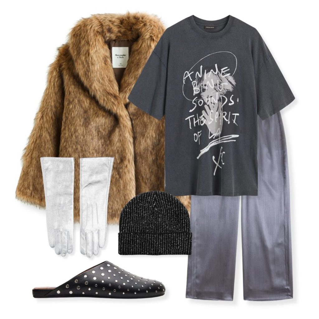 Full-body shot of a model in an oversized shawl-collar faux fur coat paired with luxurious silk pants.