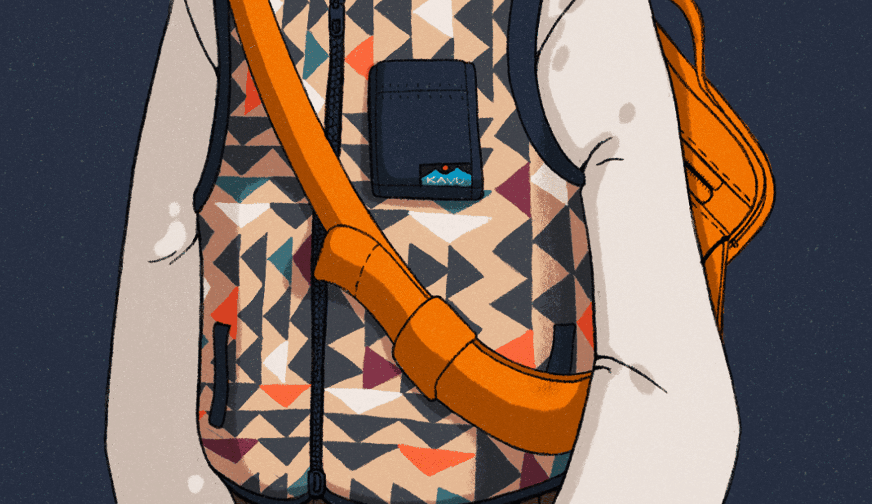 Illustration of the KAVU geometric-patterned vest with orange straps and chest pouch.
