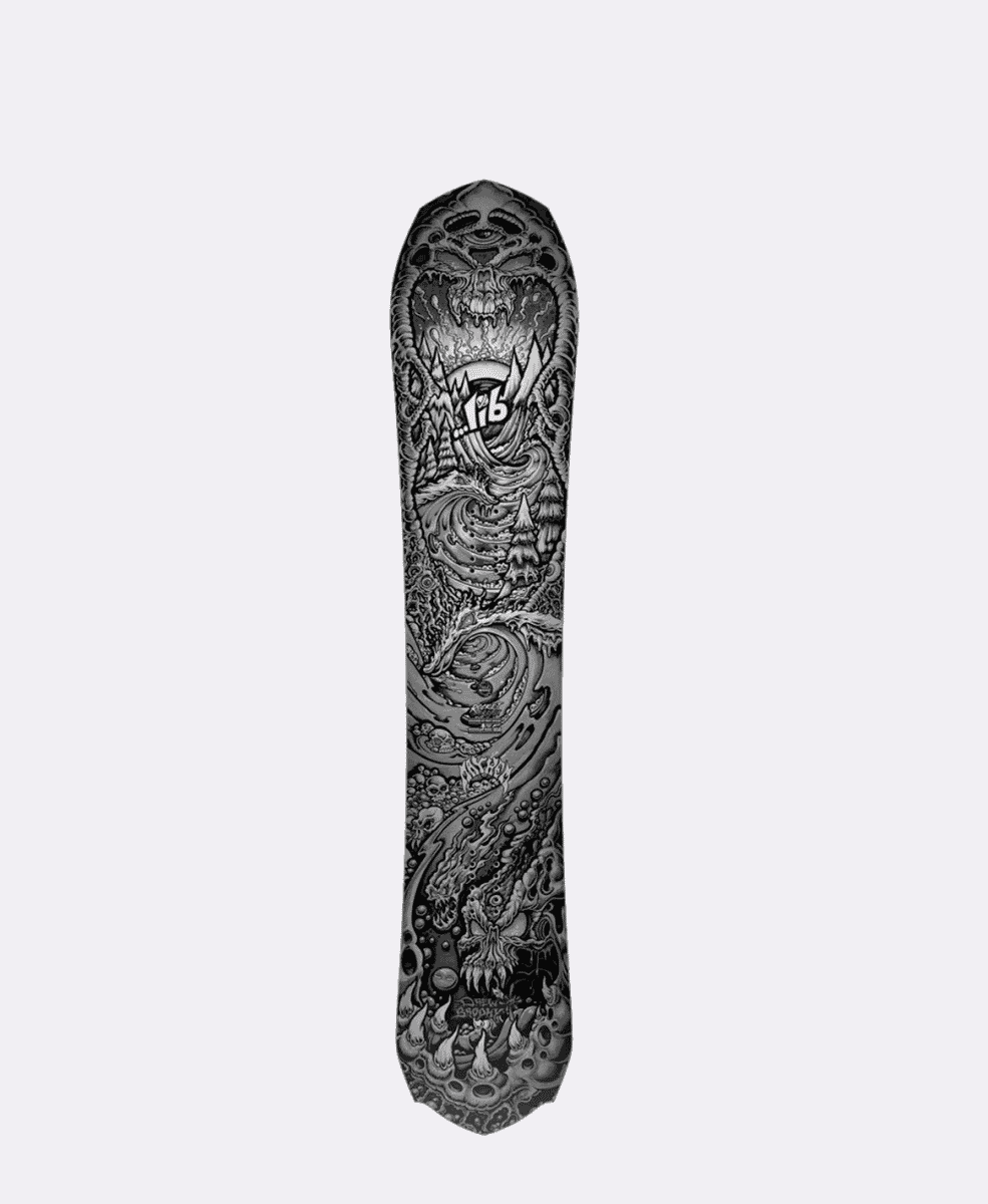 A snowboard featuring intricate fantasy artwork with skulls and dragons.