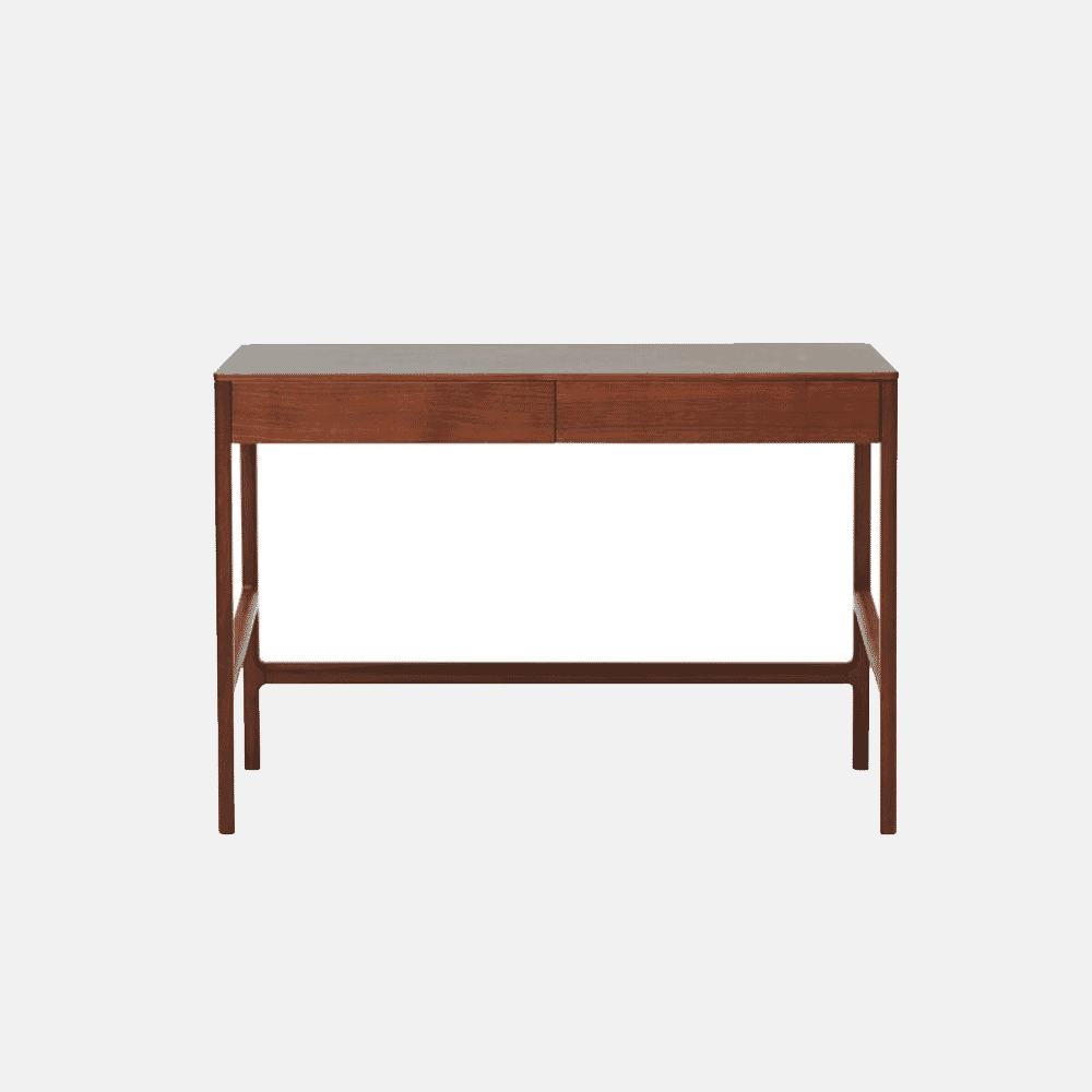Mid-century modern wooden desk with tapered legs and a minimalist silhouette.