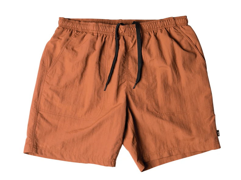Brown elastic-waist shorts with black drawstrings and functional side pockets.