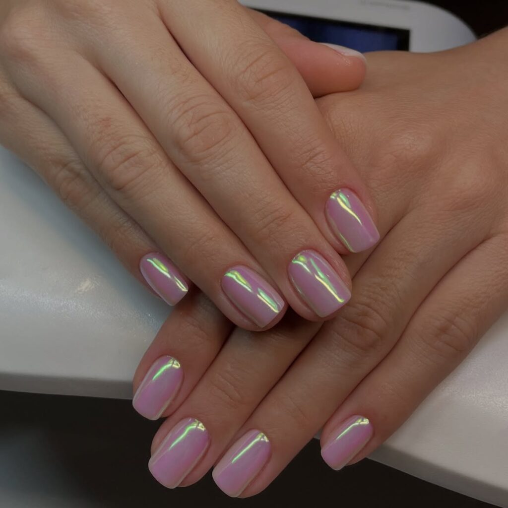 Opalescent finish on short almond nails by @ncbeautydublin.
