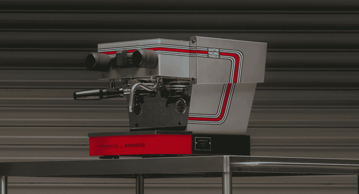 Martini Racing edition espresso machine with iconic red and silver stripes.