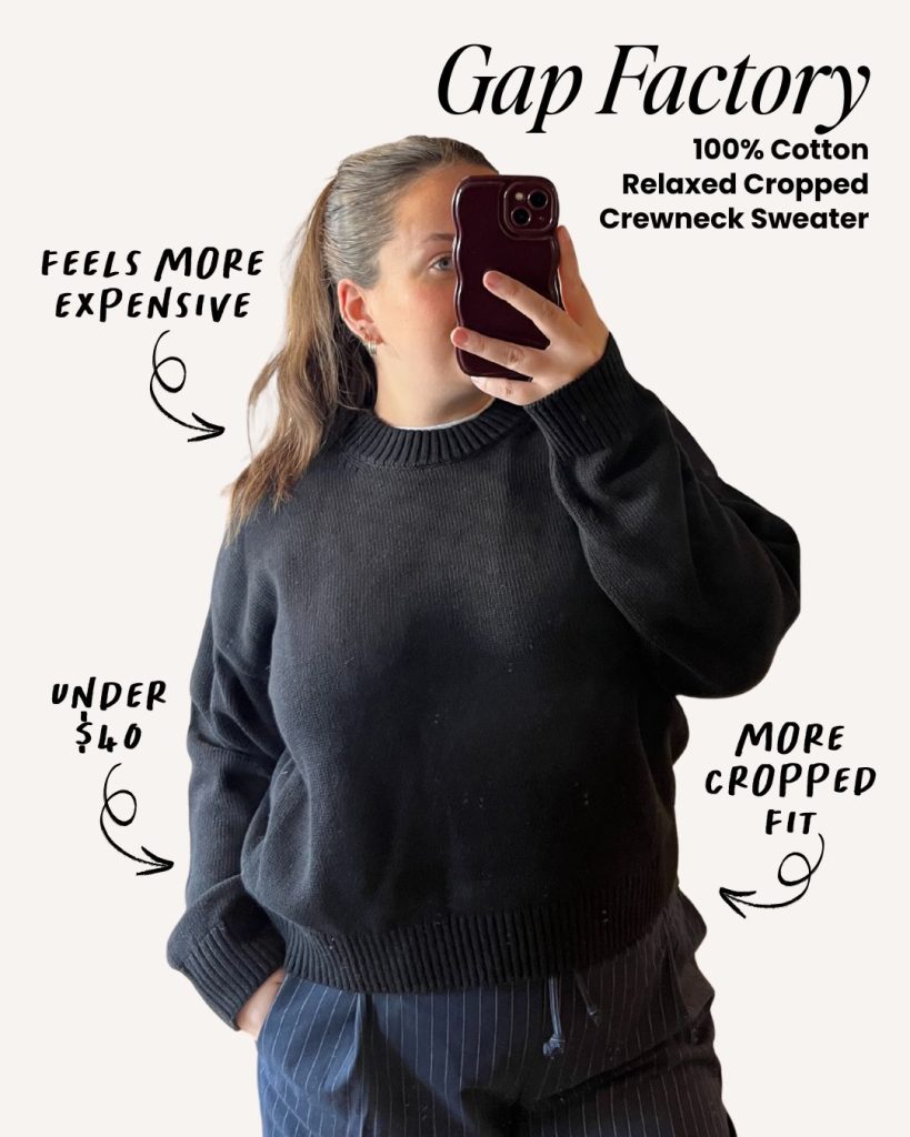 Lifestyle photo of the black Gap Factory relaxed cropped crewneck sweater.