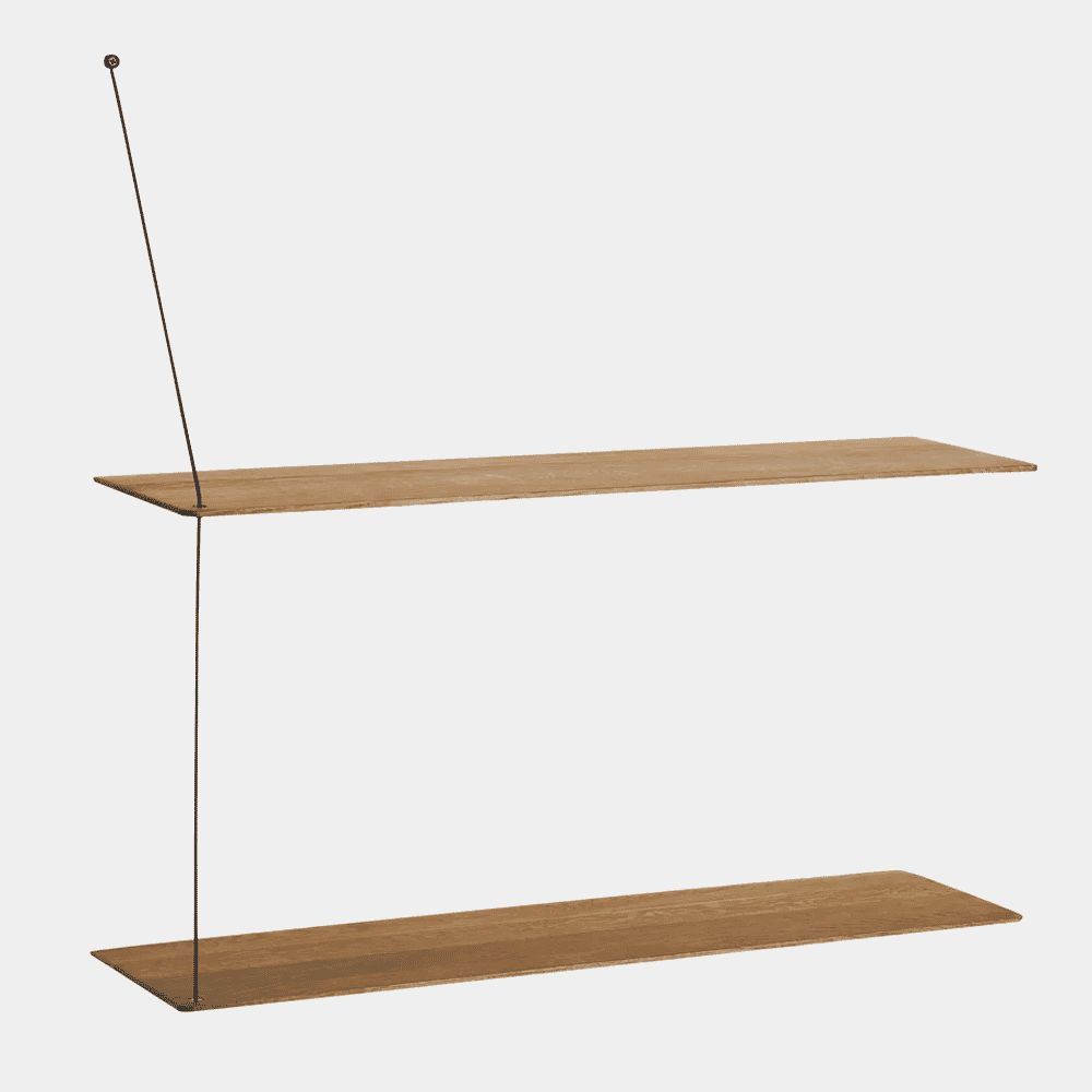 Scandinavian-style floating wooden shelves suspended by thin vertical metal rods.