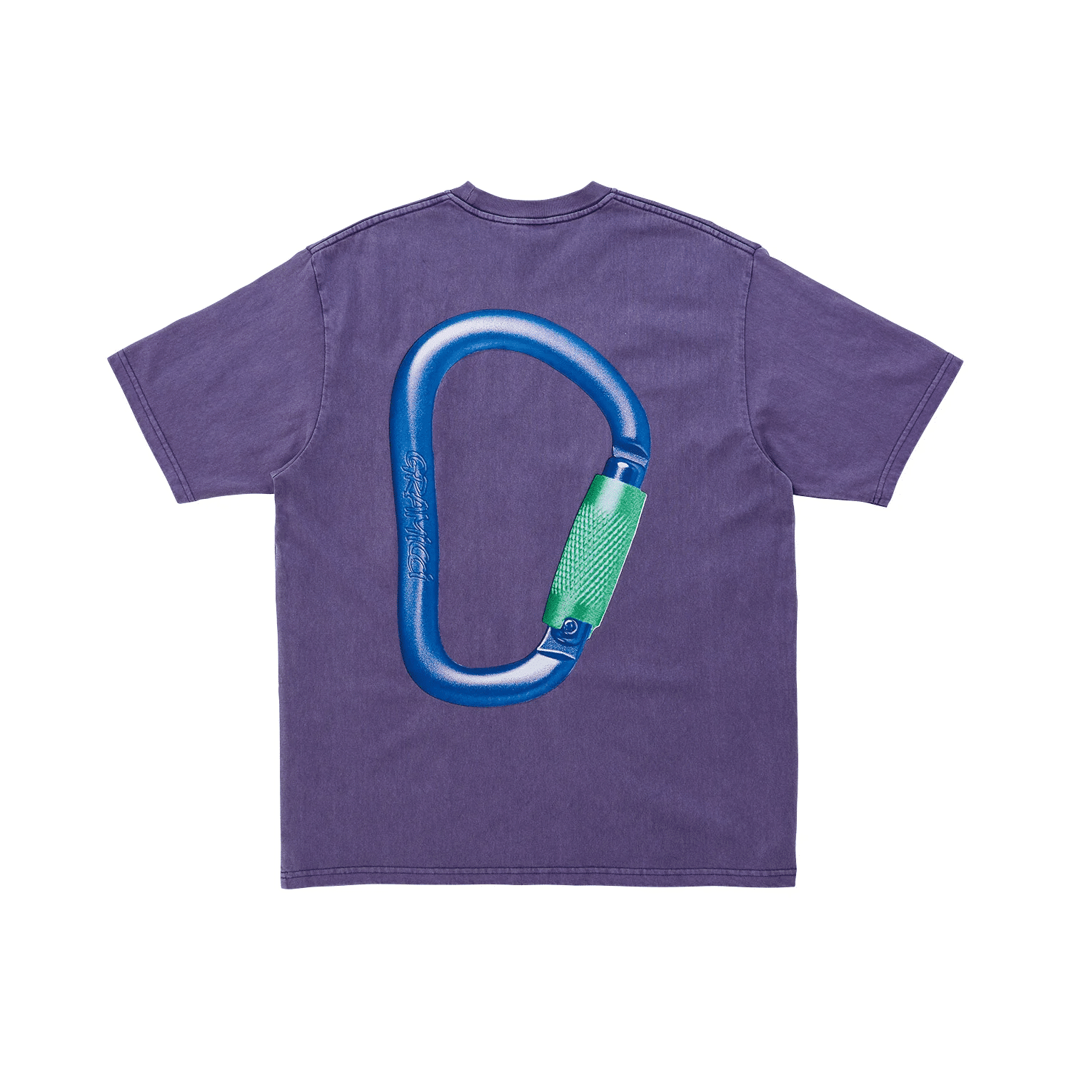 Purple unisex T-shirt featuring a large colorful graphic of a blue and green carabiner on the back.